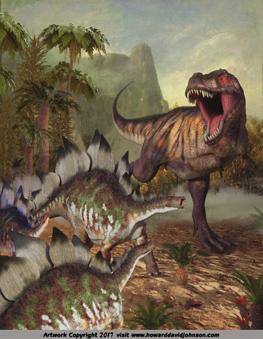Tyranosaurus Rex attacking Stegosaurus dinosaur art paleoart painting