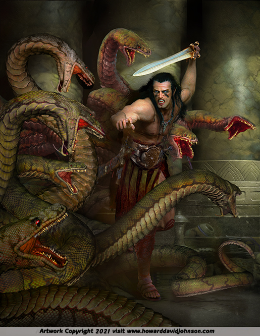 Conan the Barbarian painting art Robert E Howard Howard David Johnson fantasy Swords and Sorcery hydra dragon snakes