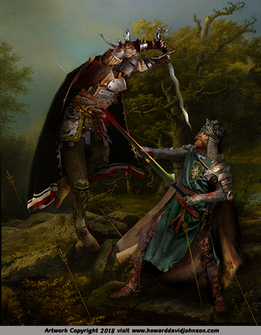 LE MORTE D'ARTHUR painting of King Arthur &  Mordred death Knights Round Table artwork