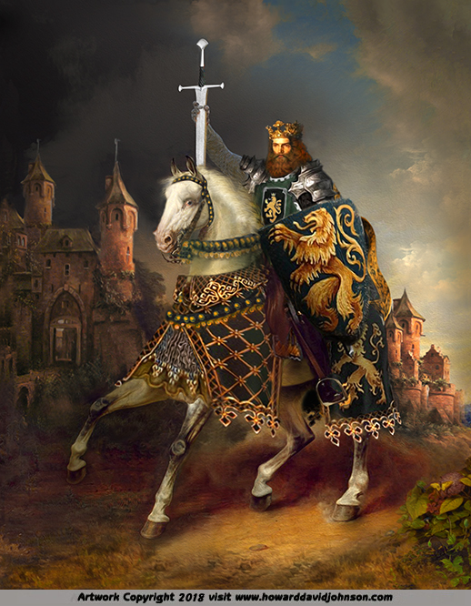 King Arthur painting on horseback with the sword of Power