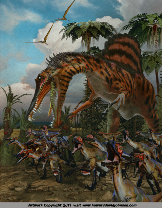 Dinosaur  illustration Spinosaurus Hunting Raptors herd Dinosaurs Art painting Utahraptor
