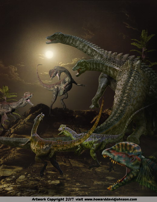 Night hunting paleo art dinosaur painting