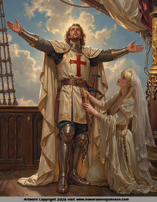  Pre-Raphaelite artwork Sir Galahad girded with the Holy Sword Belt by Percival's Sister from Sir Thomas Mallory's Le Mort D' Arthur a Pre-Raphaelite painting by howard david johnson Christ giving eucharist to the grail knights