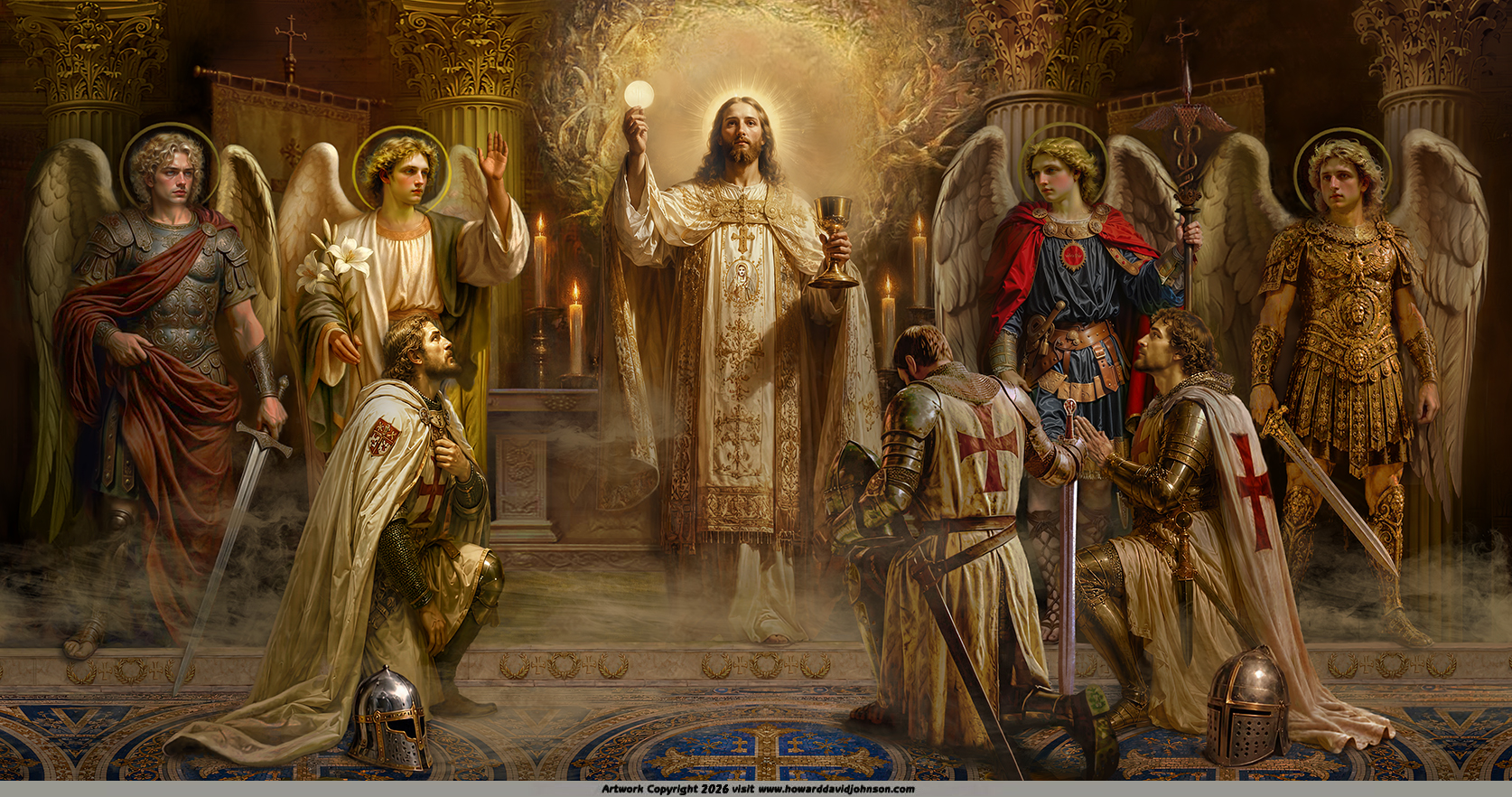  Sir Galahad's ultimate vision of the holy grail from Sir Thomas Mallory's Le Mort D' Arthur a Pre-Raphaelite painting by howard david johnson Christ giving eucharist to the grail knights