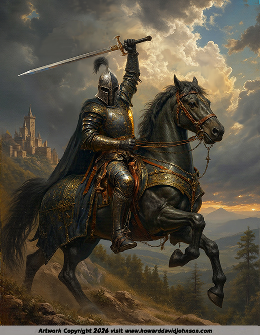 painting of black knight on horse back Sir Helias guardian of the fountain