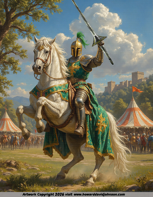 painting of knight of the round table on horse back at a tournament