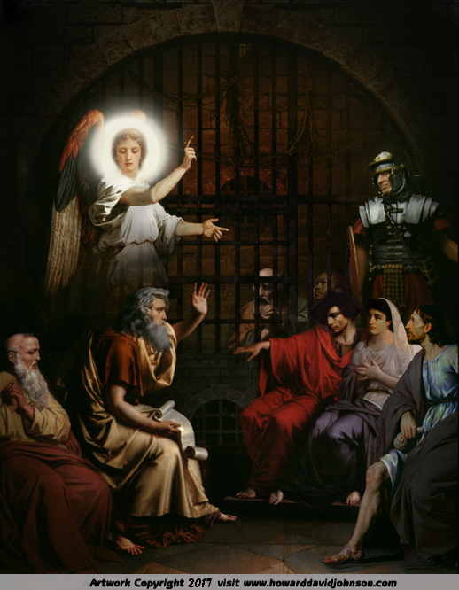 St Paul preaching in Prison with guardian angel painting christian art