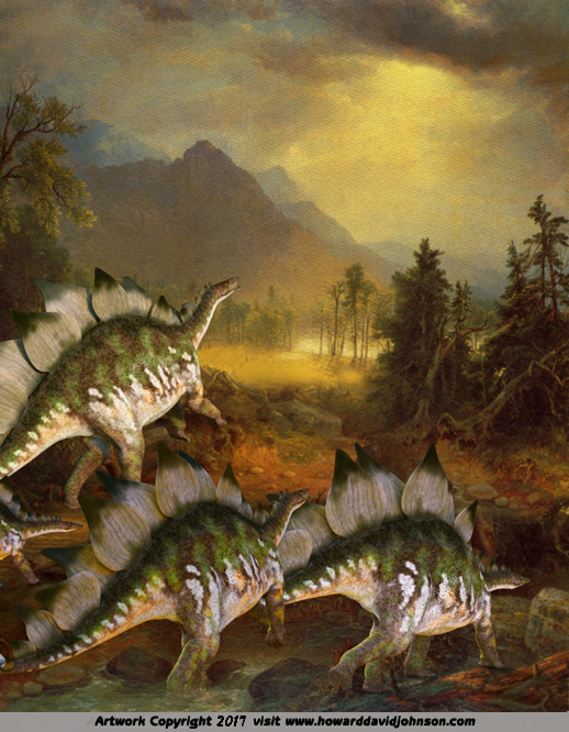 Stegosaurus herd at sunset paleo art dinosaur painting