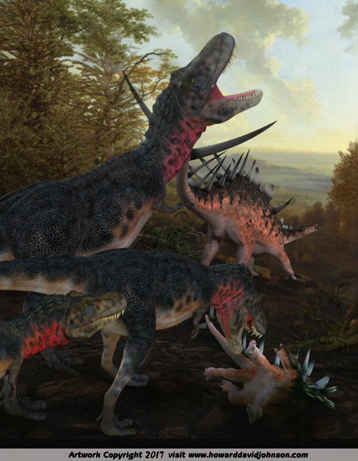 Tarbosaurus kills stegosaurus paleo art dinosaur painting