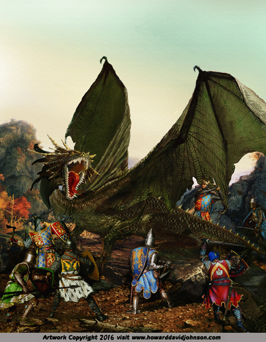 painting battle of dragon fighting knights fantasy art