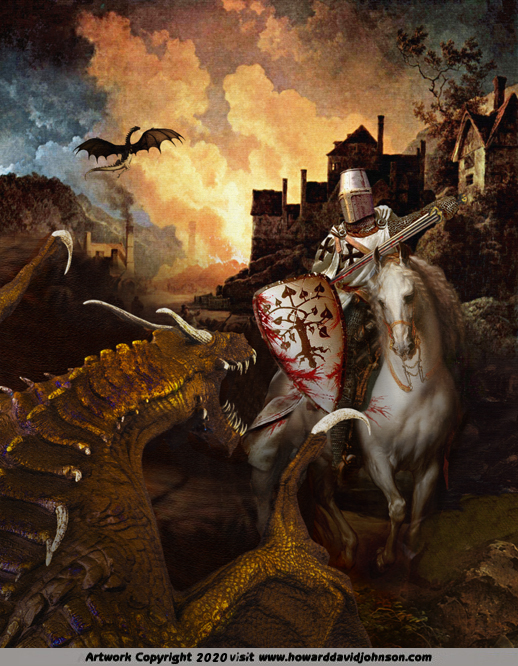 King Arthur Crusader Knight Templar flying dragon slayer painitng fantasy art