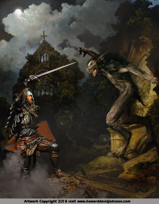 fantasy art painting of a werewolf figting a knight