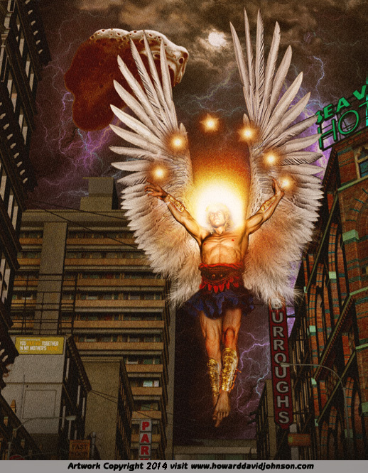 The Herald of YHVH -Angel flying in modern city with Wormwood approaching
