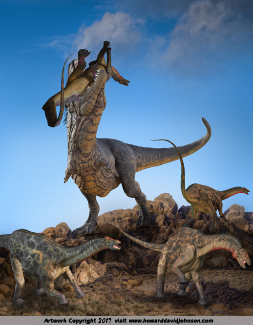Tyranosaus slays a sauropod paleo art dinosaur painting