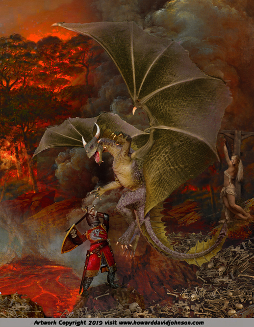 Painting knight fighting fin dragon lava sacrifice art