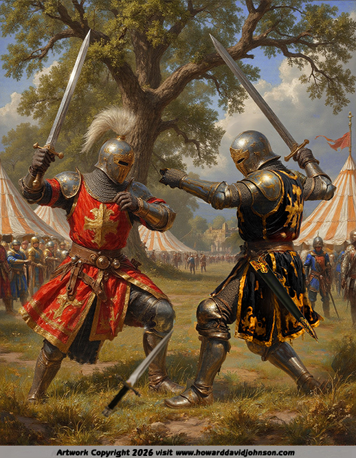 painting of the Tournament at castle Maidens grail quest knights in armor combat fighting