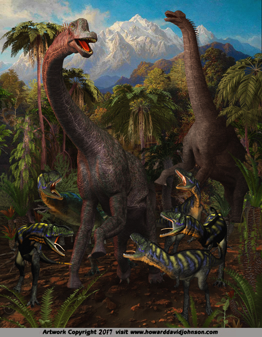 Dinosaur art Aucasaurus pack hunting Brachiosaurus herd Theroipod raptor painting
