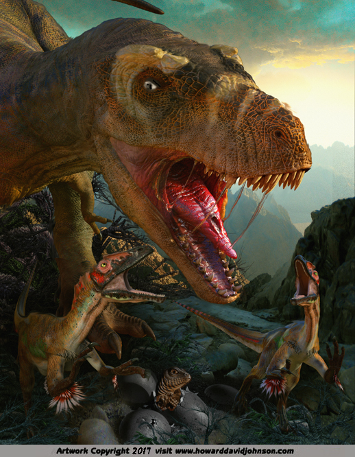 Egg stealing dinosaurs caught by tyranosaurus rex paleo art dinosaur painting