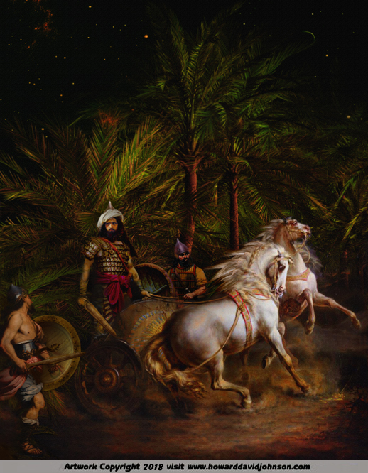painting of Warrior King David in his war chariot bible art illustration