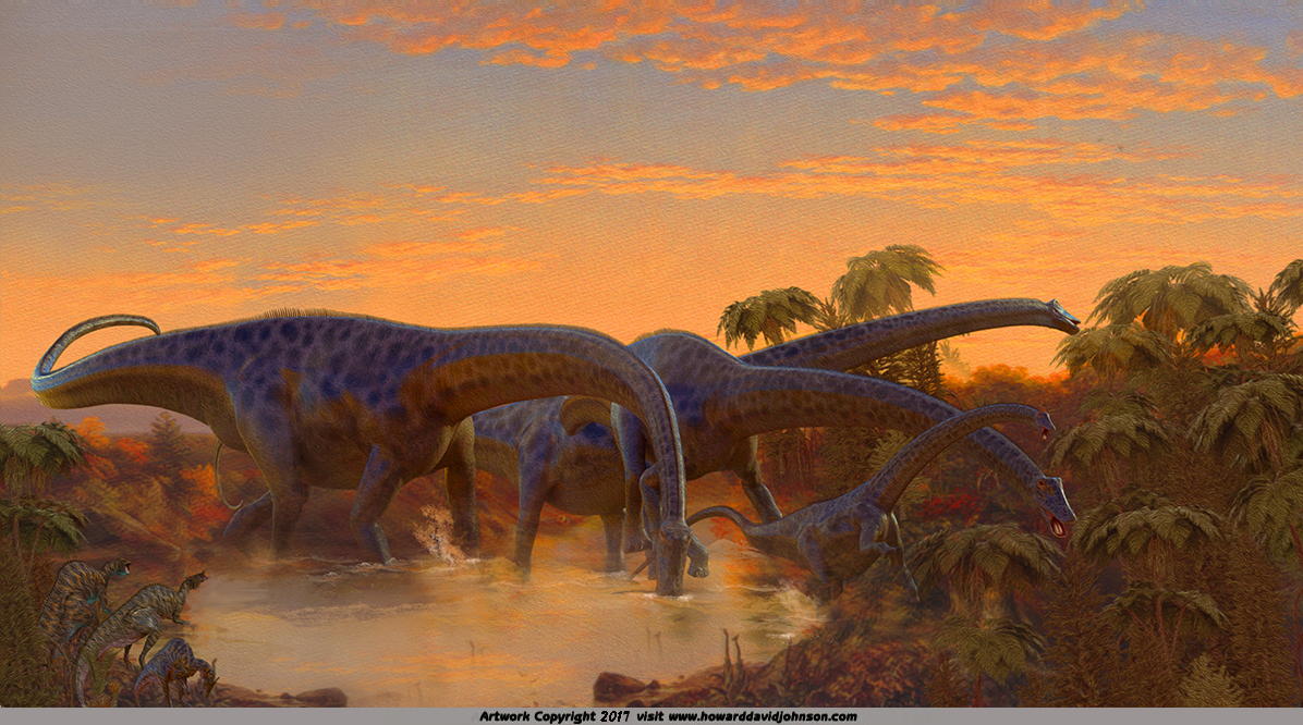 Foraging Diplodocus herd paleo art dinosaur painting